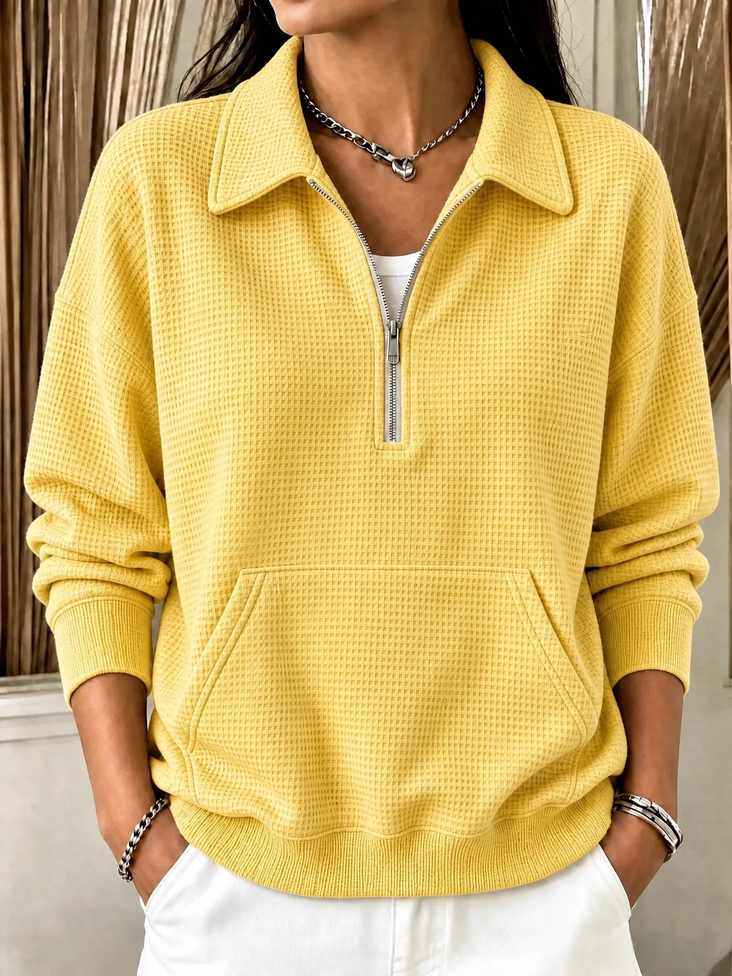 Women's Oversized Quarter Zip Waffle Pullover Sweatshirt