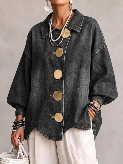 Collared Oversized Denim Jacket With Large Metal Buttons