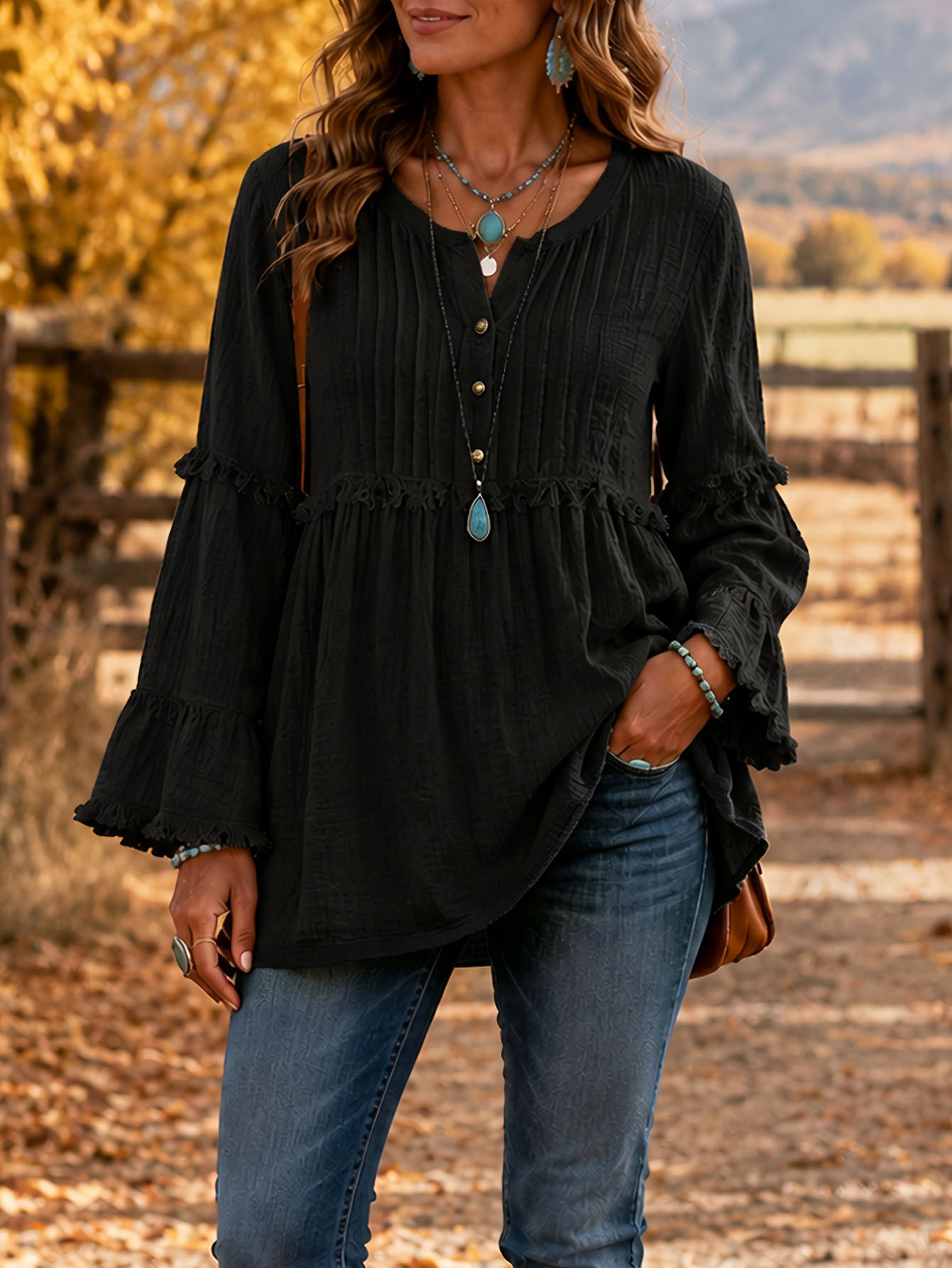 Vintage V-Neck Pleated Fringe Loose Fit Shirt