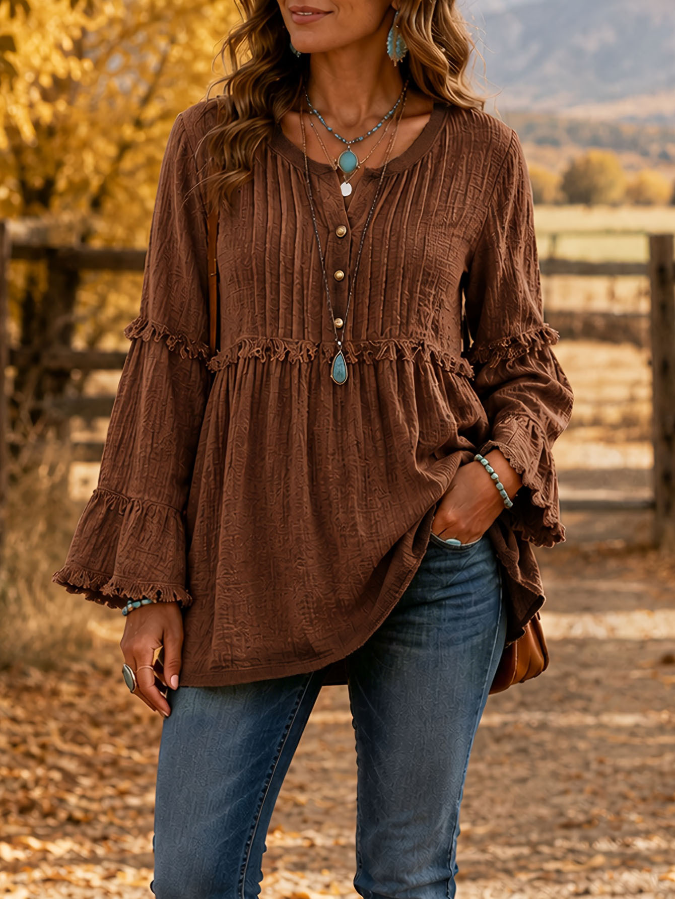 Vintage V-Neck Pleated Fringe Loose Fit Shirt