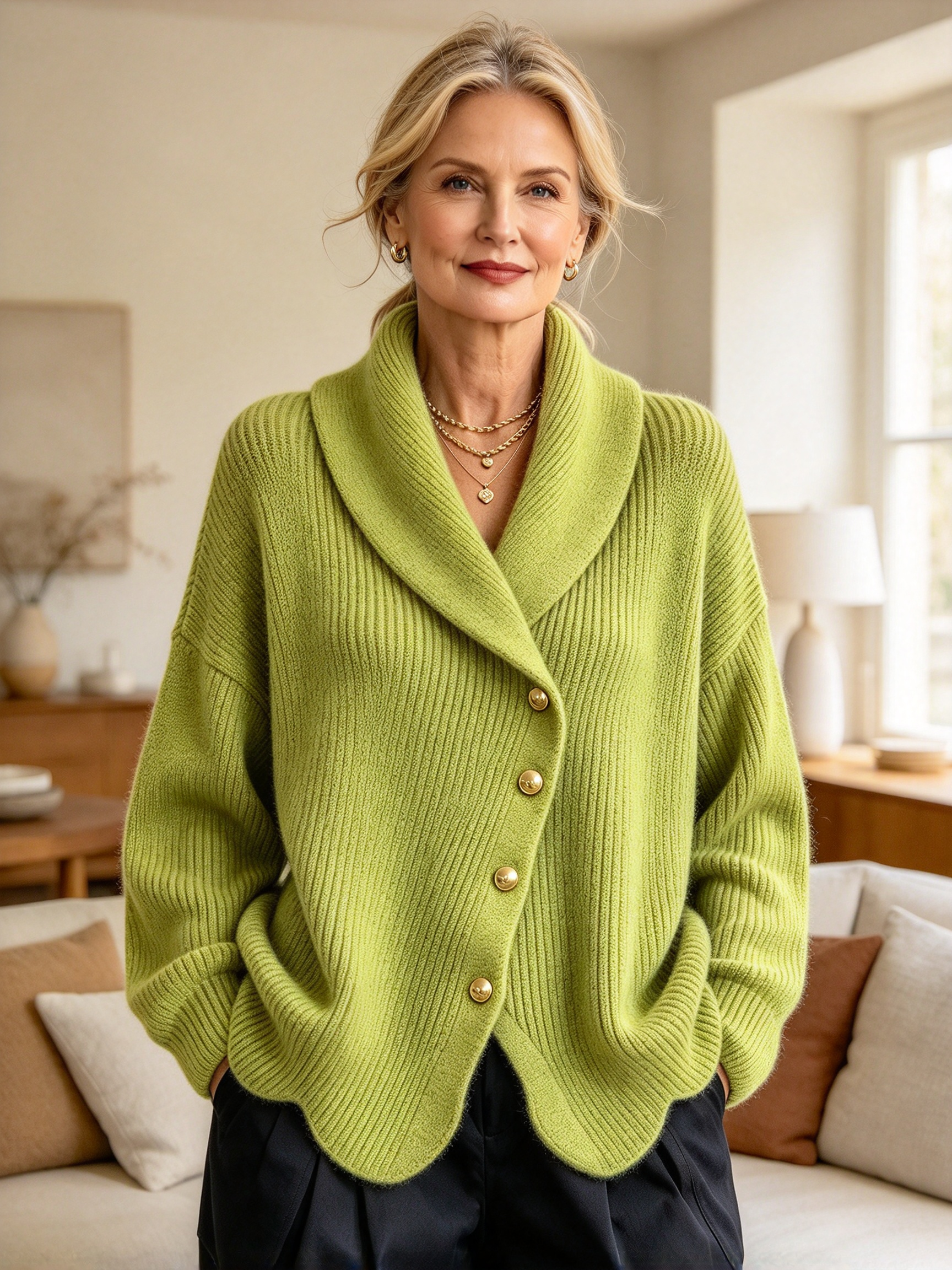 Women's Asymmetric Shawl Collar Knit Cardigan - Loose Gold Button Ribbed Sweater Jacket