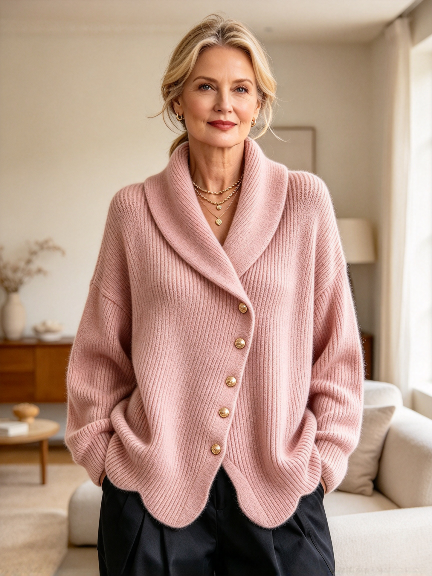 Women's Asymmetric Shawl Collar Knit Cardigan - Loose Gold Button Ribbed Sweater Jacket