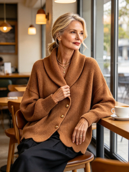 Women's Asymmetric Shawl Collar Knit Cardigan - Loose Gold Button Ribbed Sweater Jacket