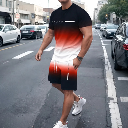 Men's Summer Regular-Fit Pure Cotton Short-Sleeve T-Shirt & Shorts Set — "BLANCE" Letter Print Edition
