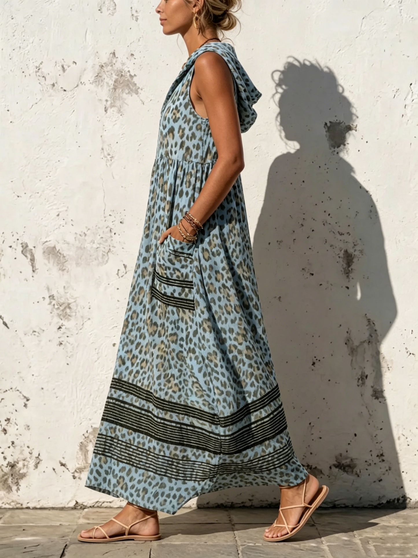 Stylish Casual Leopard-print Hooded Sleeveless Dress
