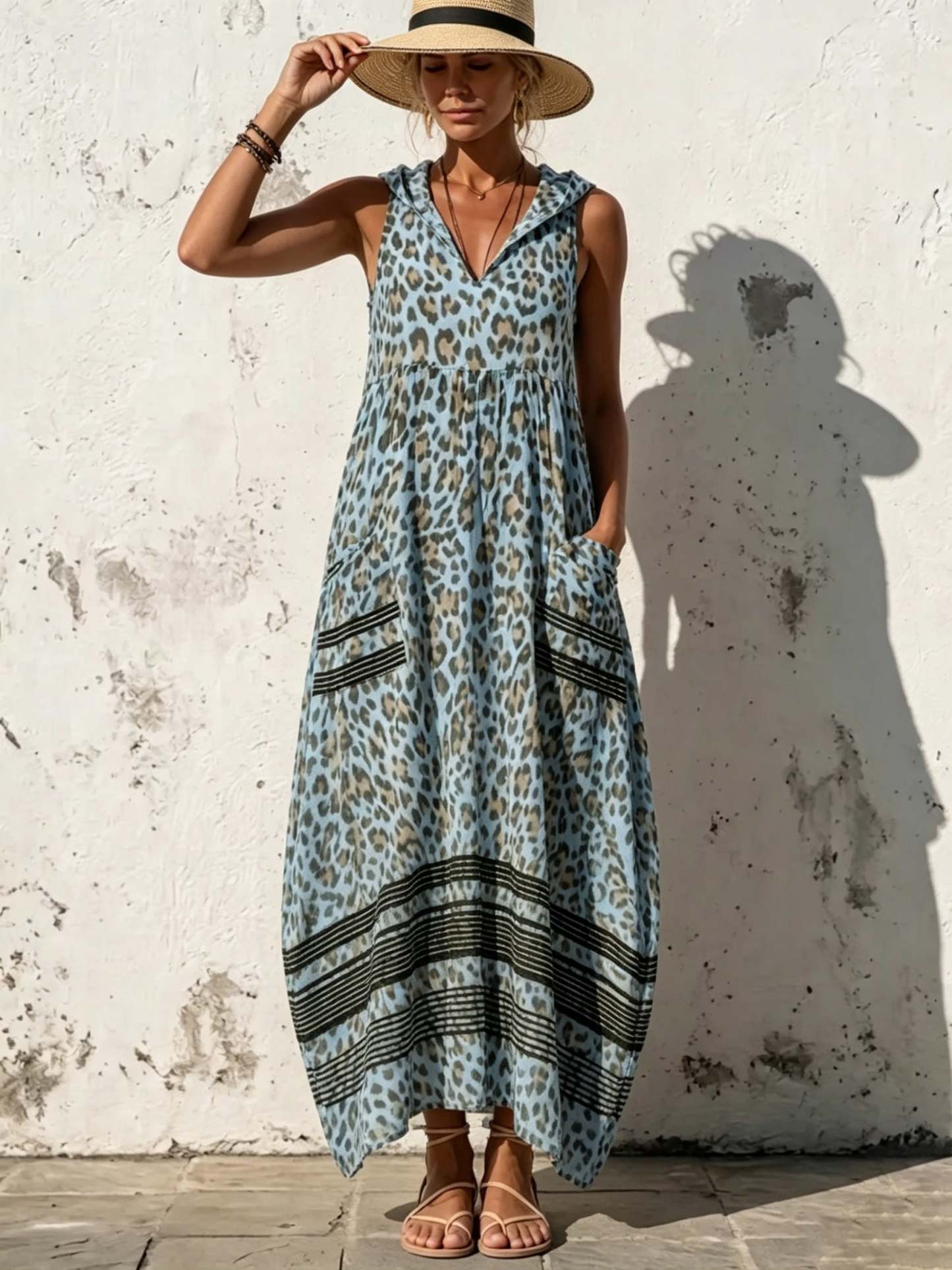 Stylish Casual Leopard-print Hooded Sleeveless Dress