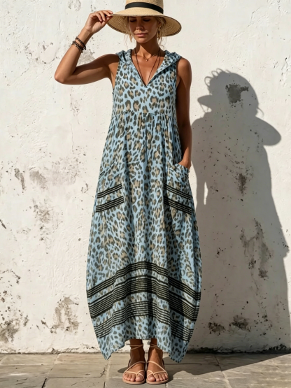 Stylish Casual Leopard-print Hooded Sleeveless Dress