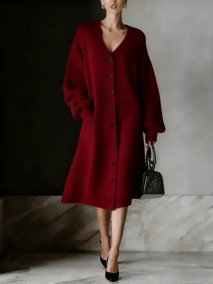 Women's Solid Color V-neck Long Sleeve Casual Loose Cardigan Dress