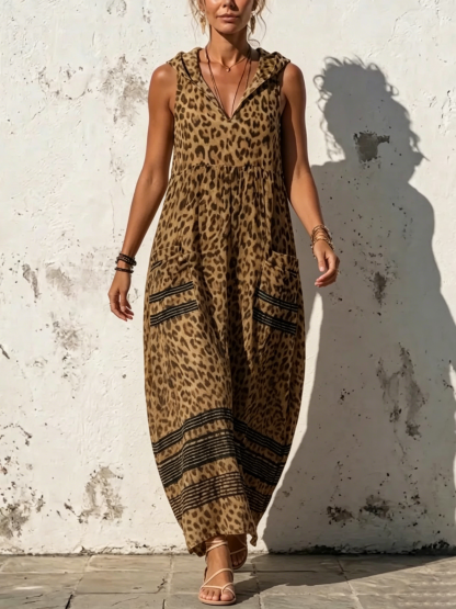 Stylish Casual Leopard-print Hooded Sleeveless Dress