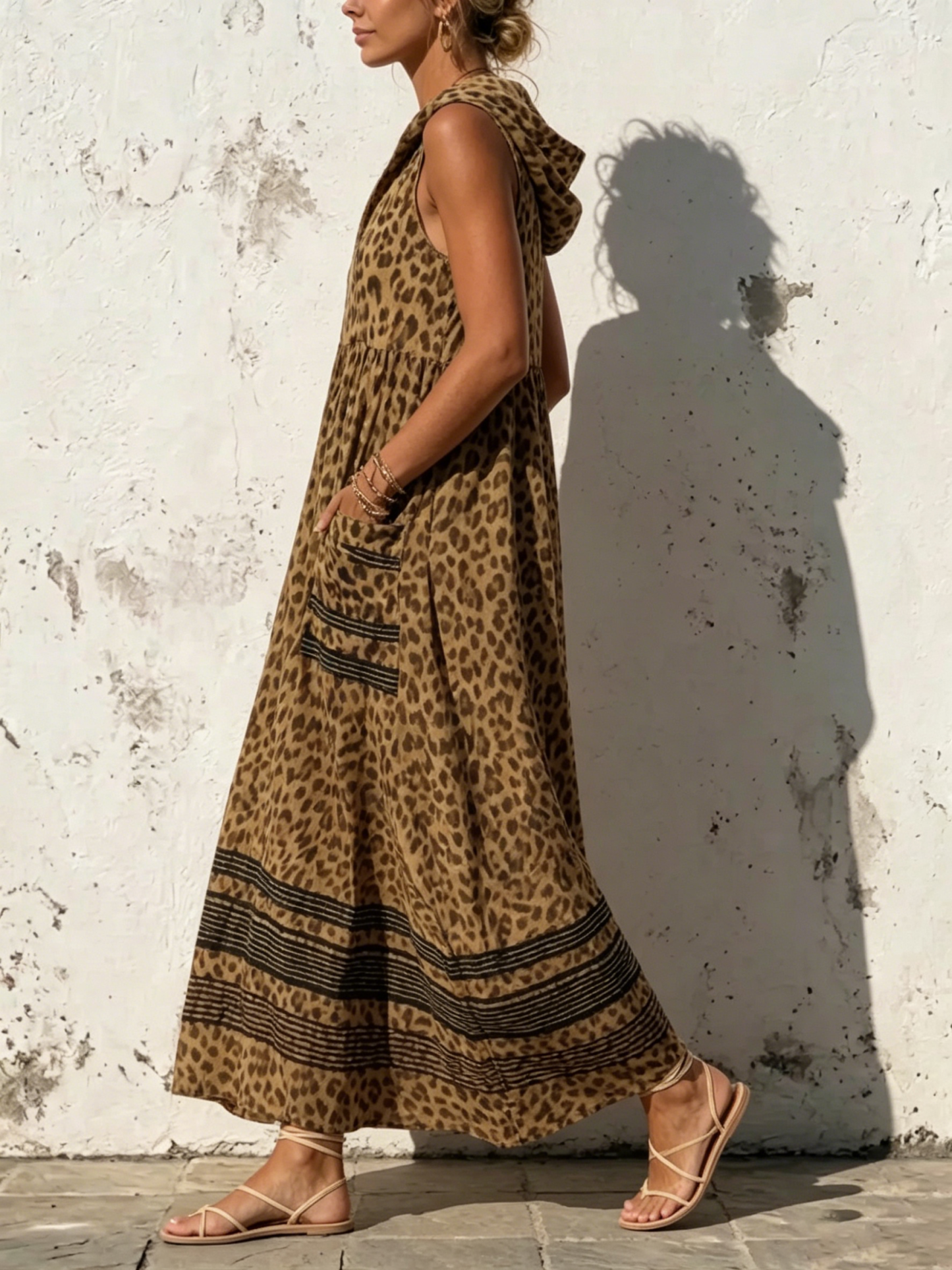 Stylish Casual Leopard-print Hooded Sleeveless Dress