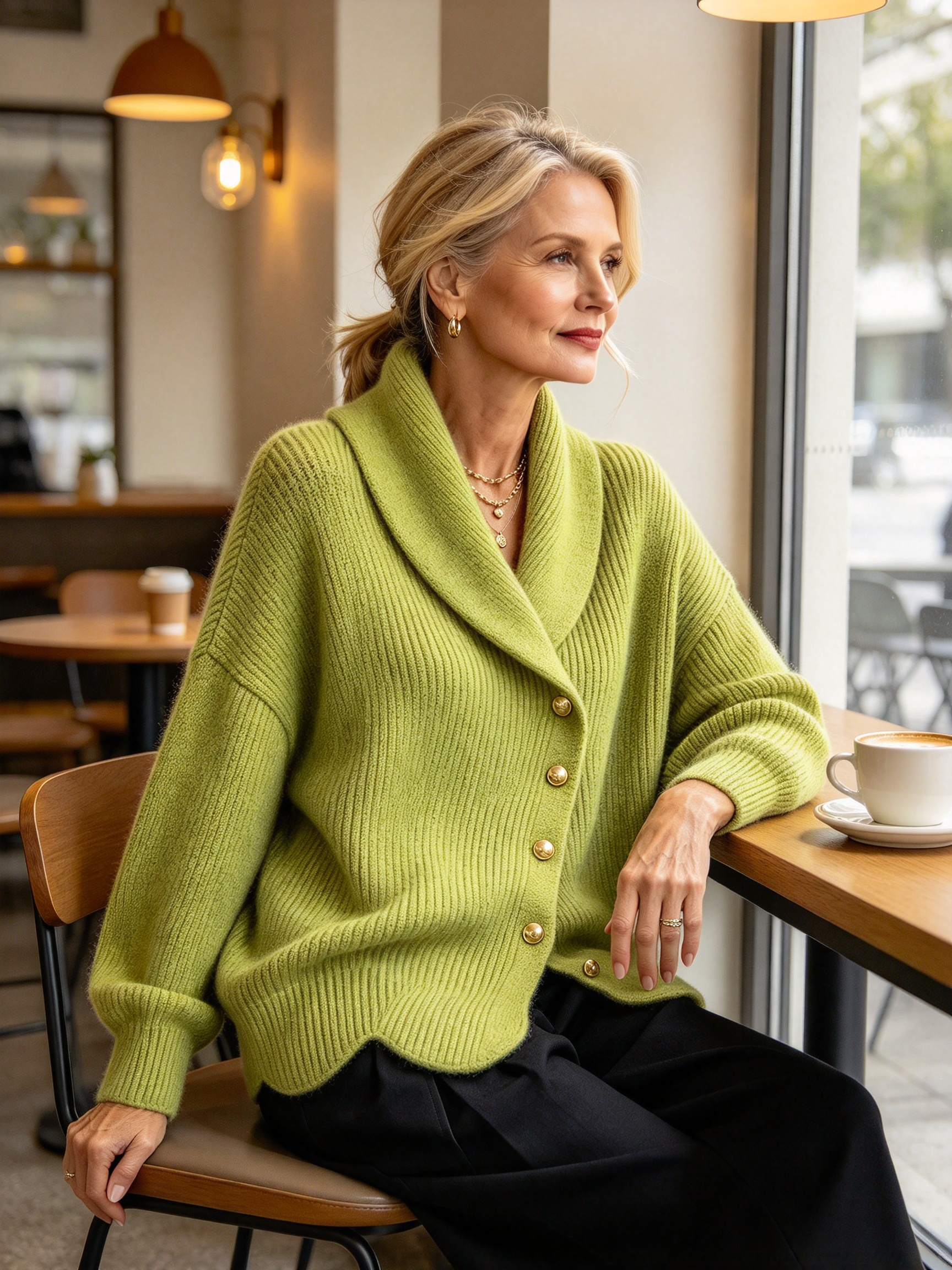 Women's Asymmetric Shawl Collar Knit Cardigan - Loose Gold Button Ribbed Sweater Jacket