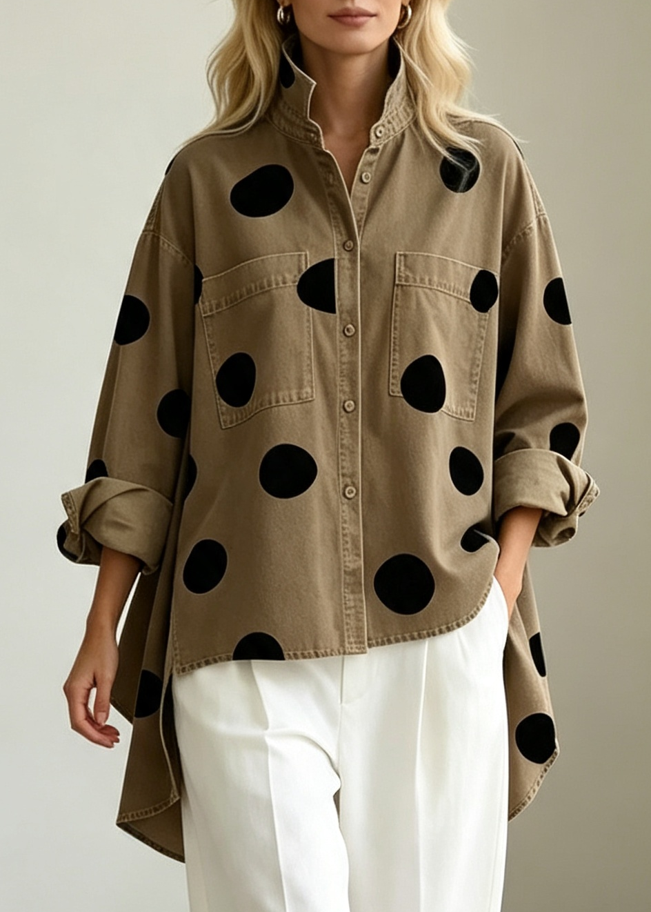 Elegant Artistic Polka Dot Print Stand-collar Denim Top