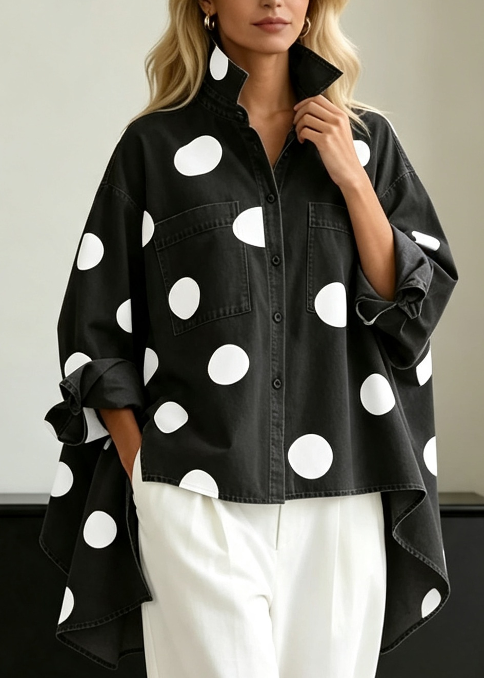 Elegant Artistic Polka Dot Print Stand-collar Denim Top