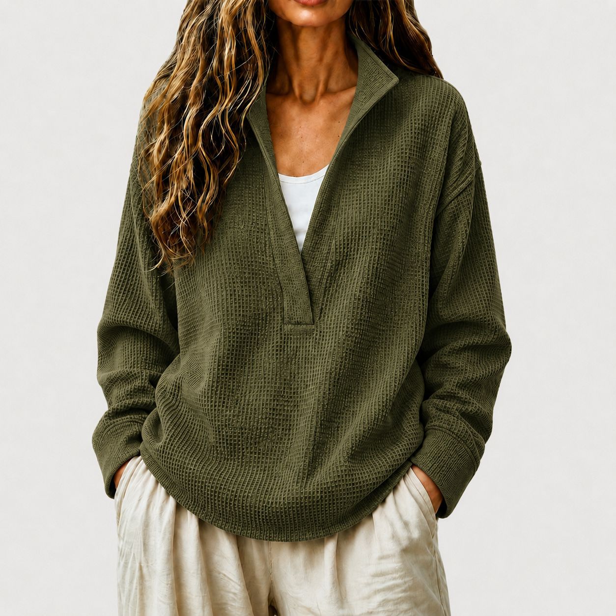 Women's Casual Waffle Knit Long Sleeve V-Neck Pullover Top Loose Fit Sweatshirt