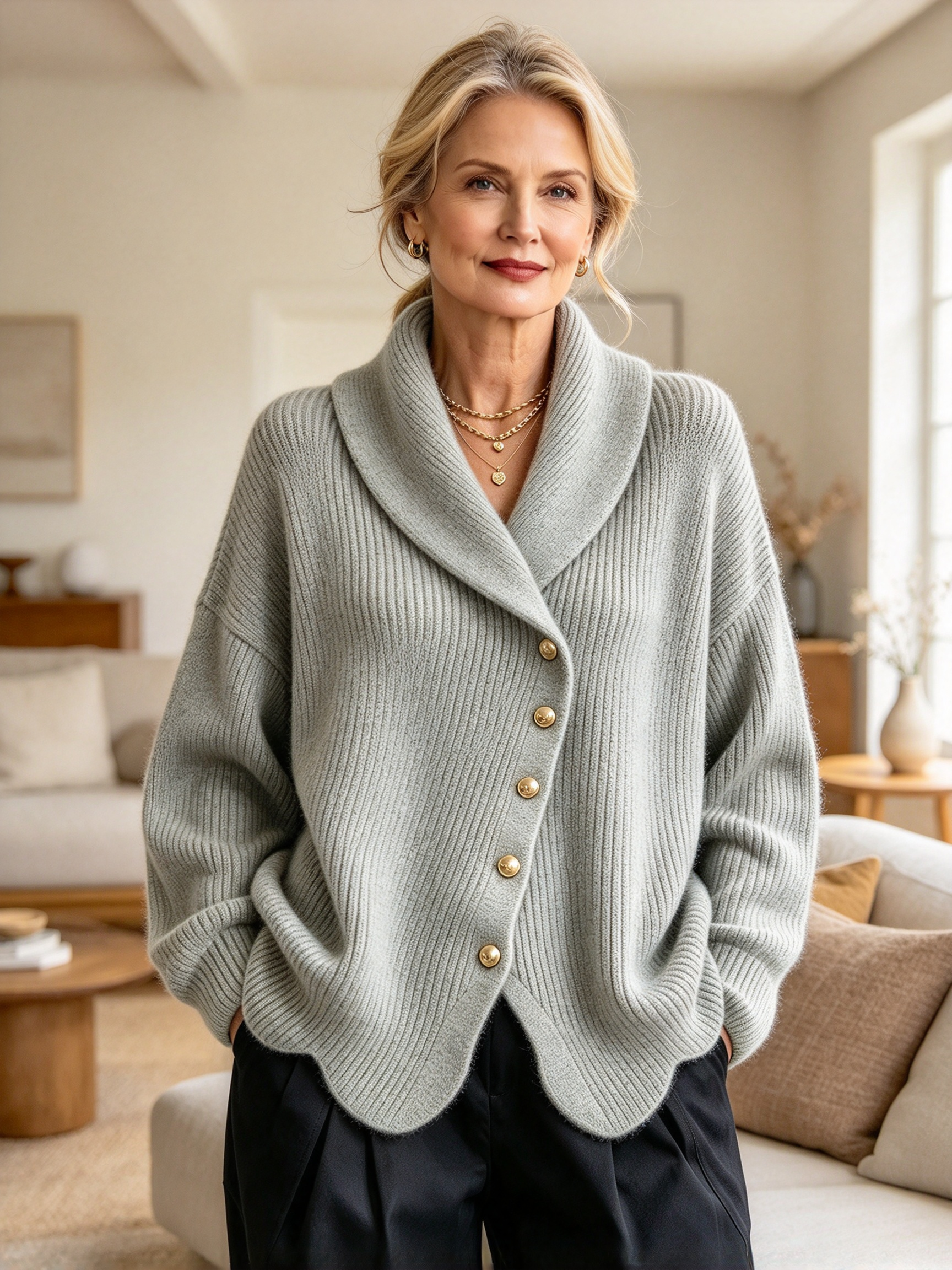 Women's Asymmetric Shawl Collar Knit Cardigan - Loose Gold Button Ribbed Sweater Jacket