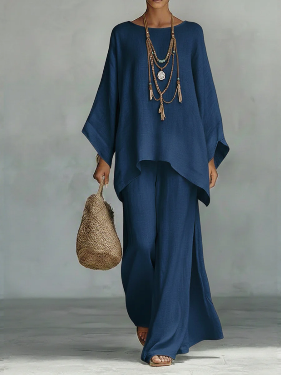 Women's Comfortable, Loose-fitting Linen And Cotton Top And Wide-leg Pants Two-piece Set.