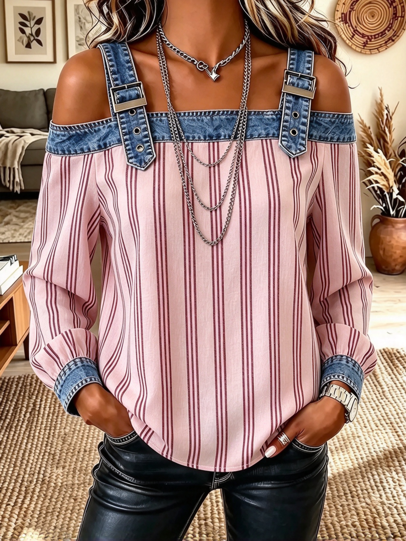 Women's Adjustable Strap Striped Long Sleeve Loose Casual Shirt