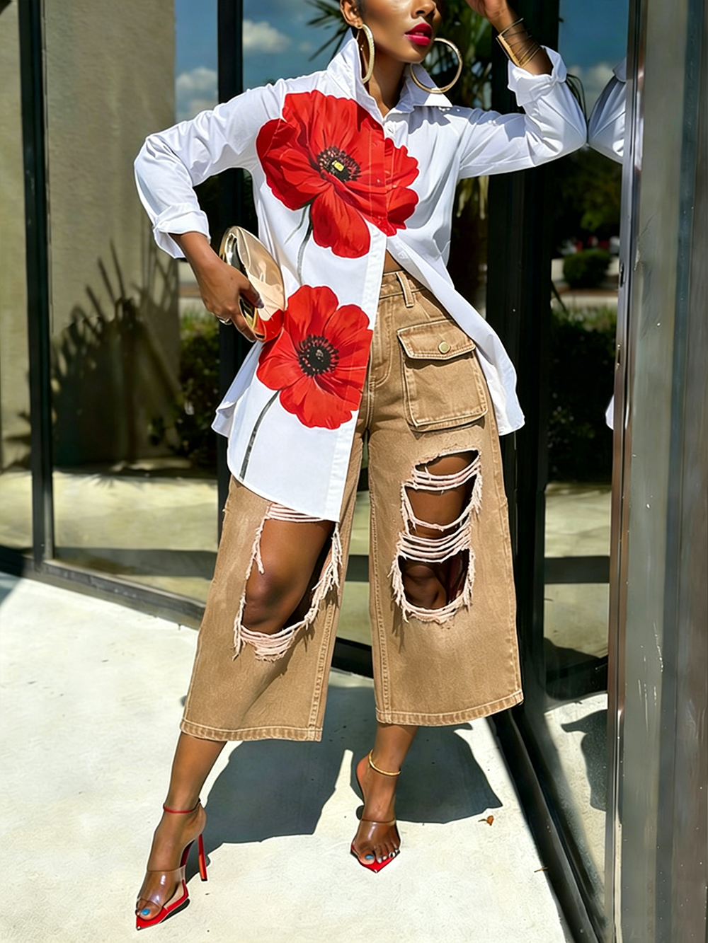 50% OFF Casual Floral  Print Shirt and Distressed Denim Pants Set