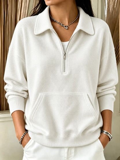 Women's Oversized Quarter Zip Waffle Pullover Sweatshirt