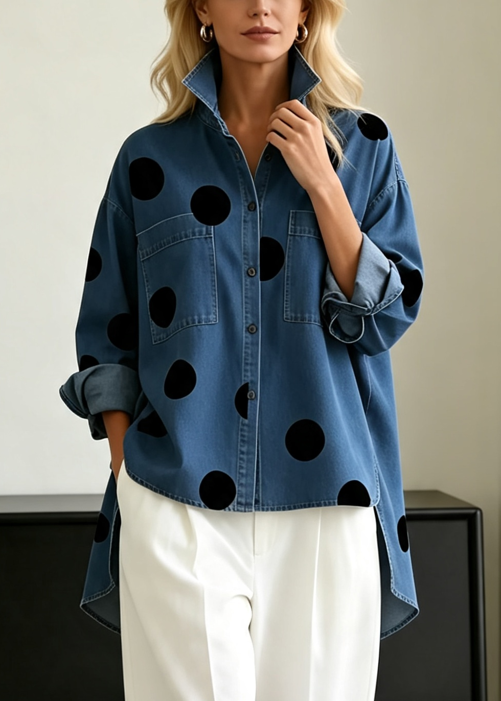 Elegant Artistic Polka Dot Print Stand-collar Denim Top