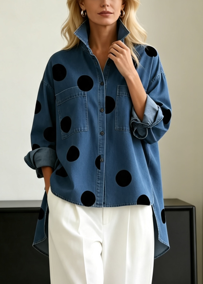 Elegant Artistic Polka Dot Print Stand-collar Denim Top
