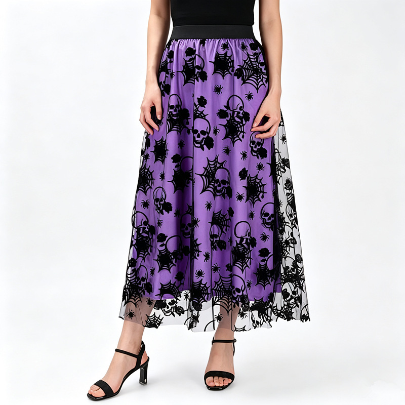Polyester Women's High-waisted Casual Loose Halloween-themed Flocked Print Mesh A-line Skirt