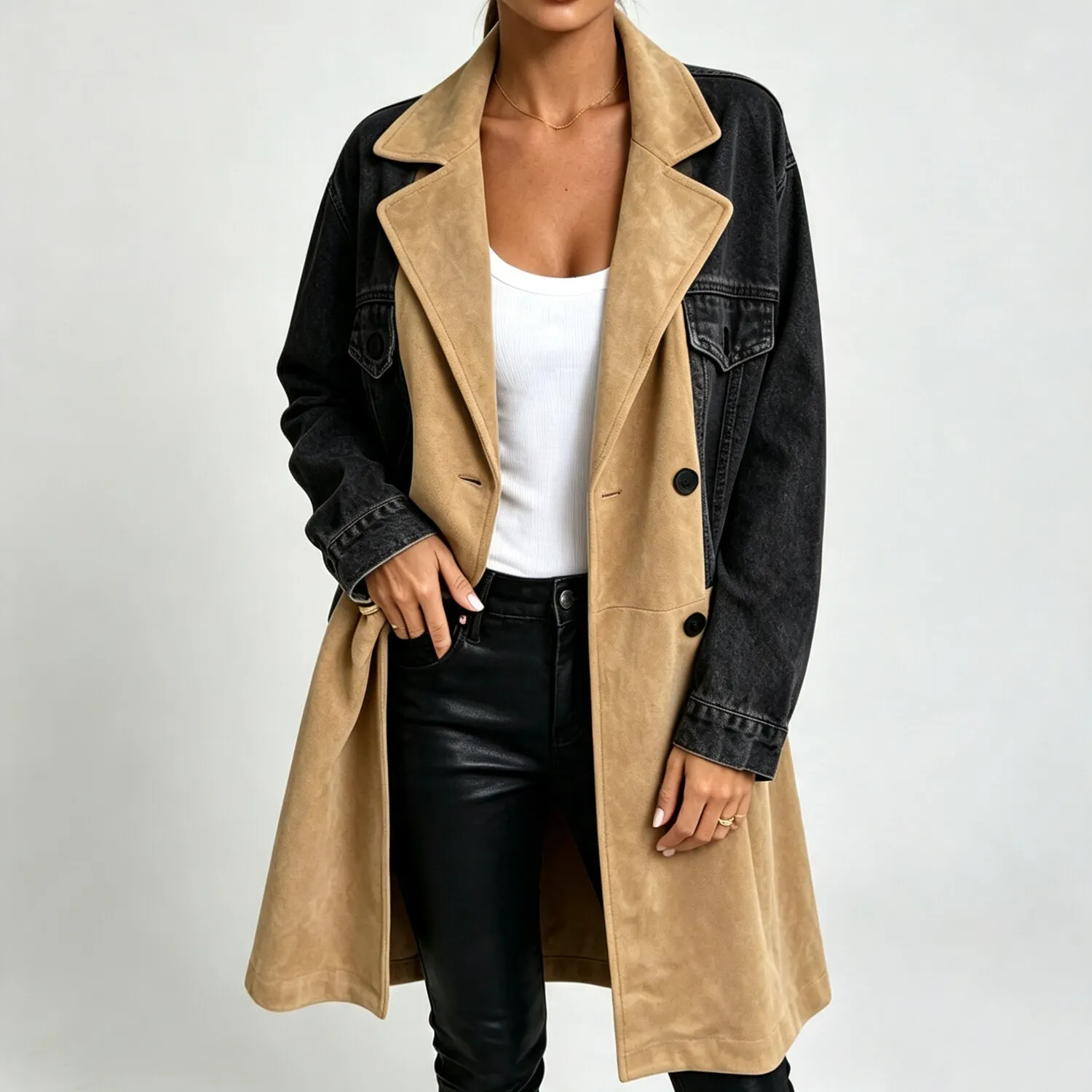 Women's Casual Chic Color Block Denim Patchwork Lapel Collar Long Sleeve Midi Trench Coat