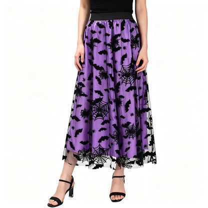 Polyester Women's High-waisted Casual Loose Halloween-themed Flocked Print Mesh A-line Skirt