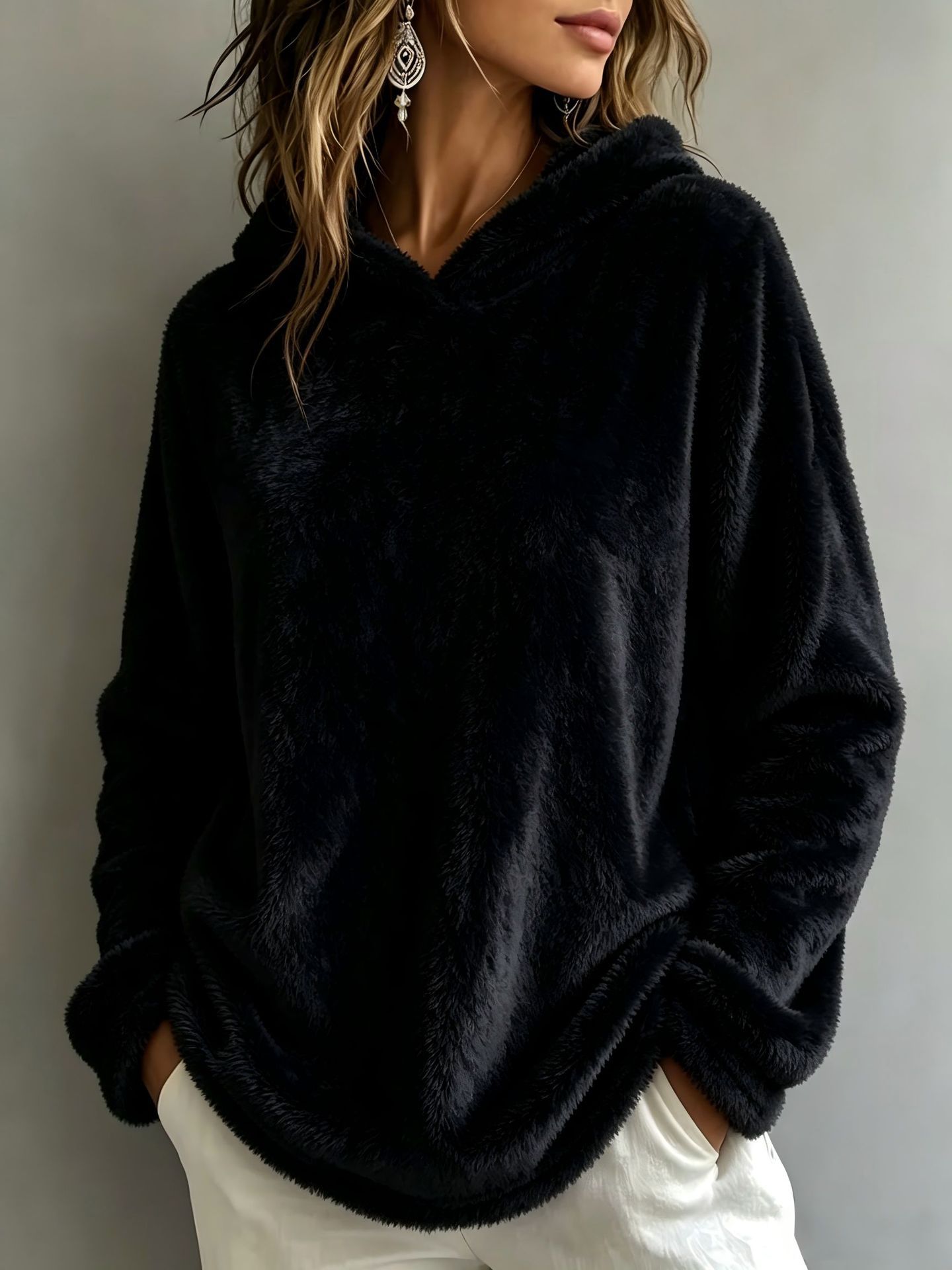 Women's Oversized Fuzzy Fleece Hooded Sweatshirt Long Sleeve Warm Pullover