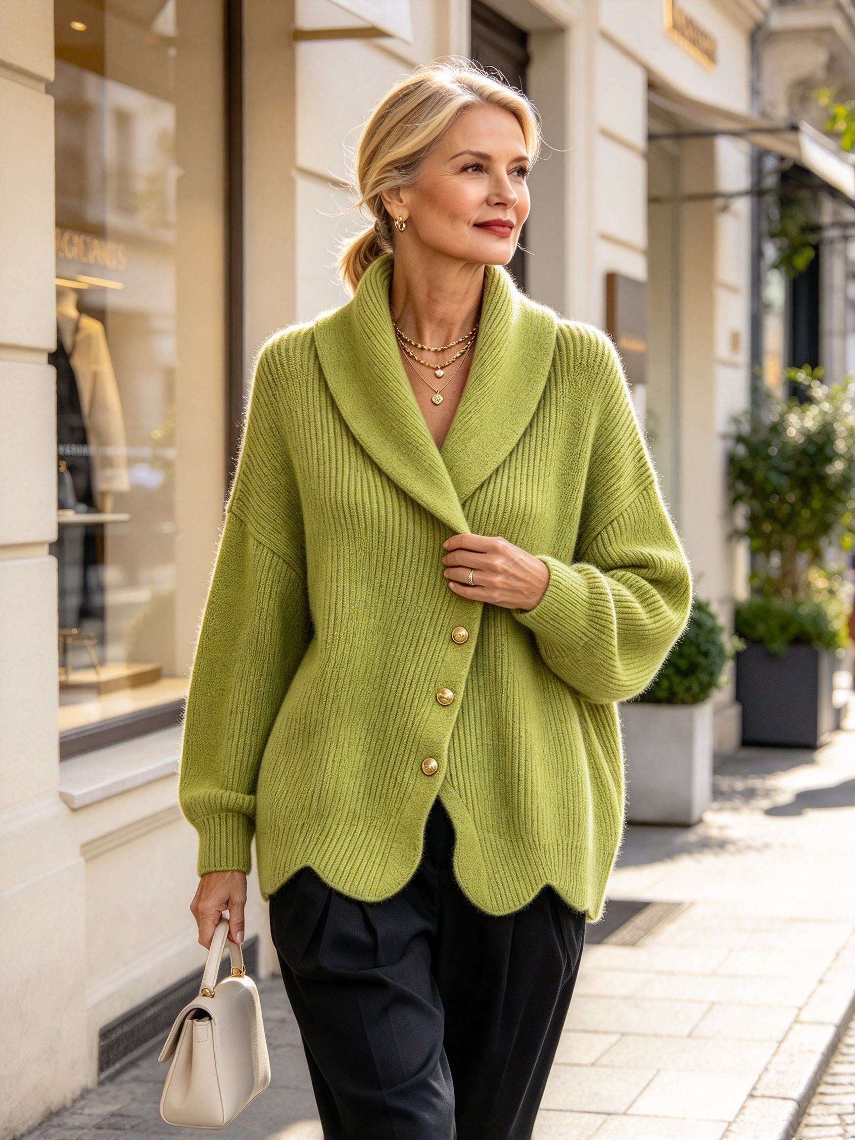 Women's Asymmetric Shawl Collar Knit Cardigan - Loose Gold Button Ribbed Sweater Jacket