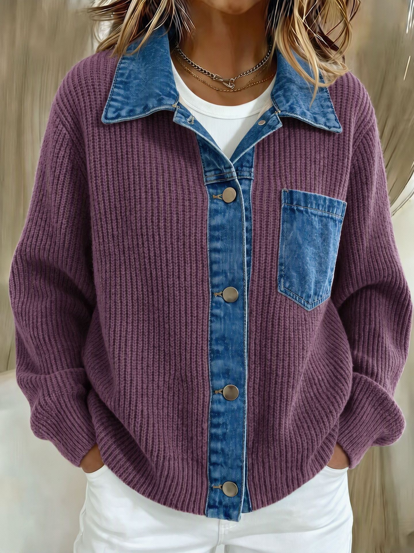 Women's Ribbed Knit Sweater With Contrast Denim Patchwork