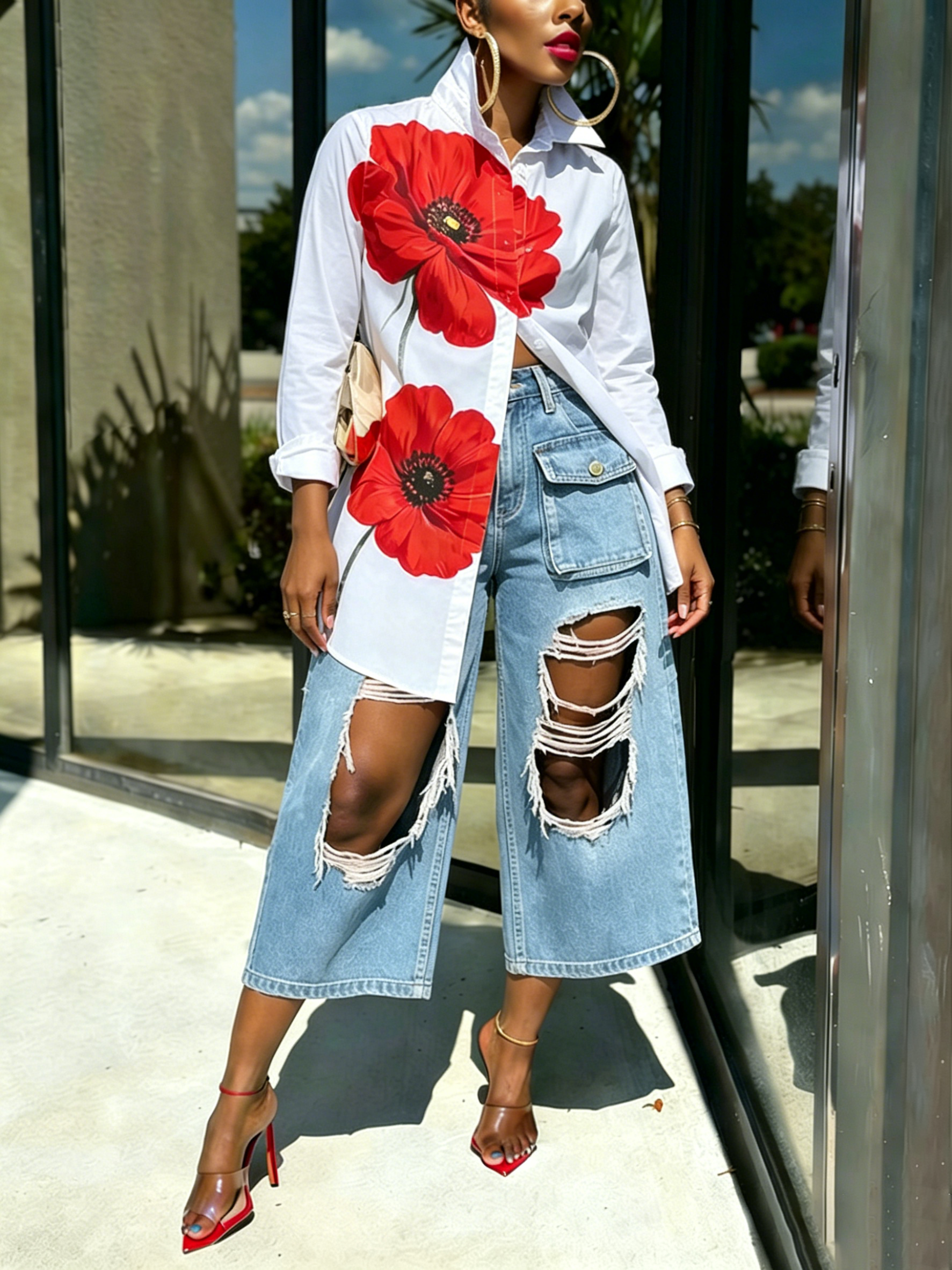 50% OFF Casual Floral  Print Shirt and Distressed Denim Pants Set