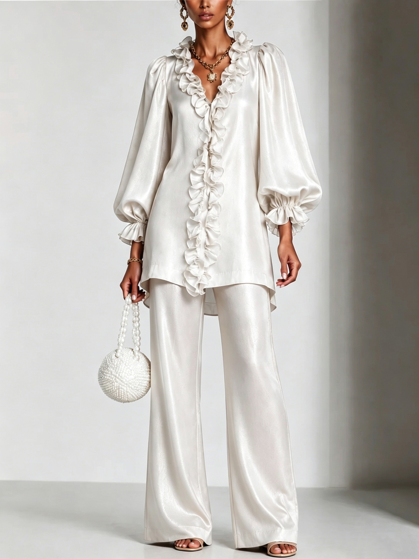 Elegant Satin Ruffle Two-Piece Set – V-Neck Long Sleeve Tunic Top & Wide Leg Pants