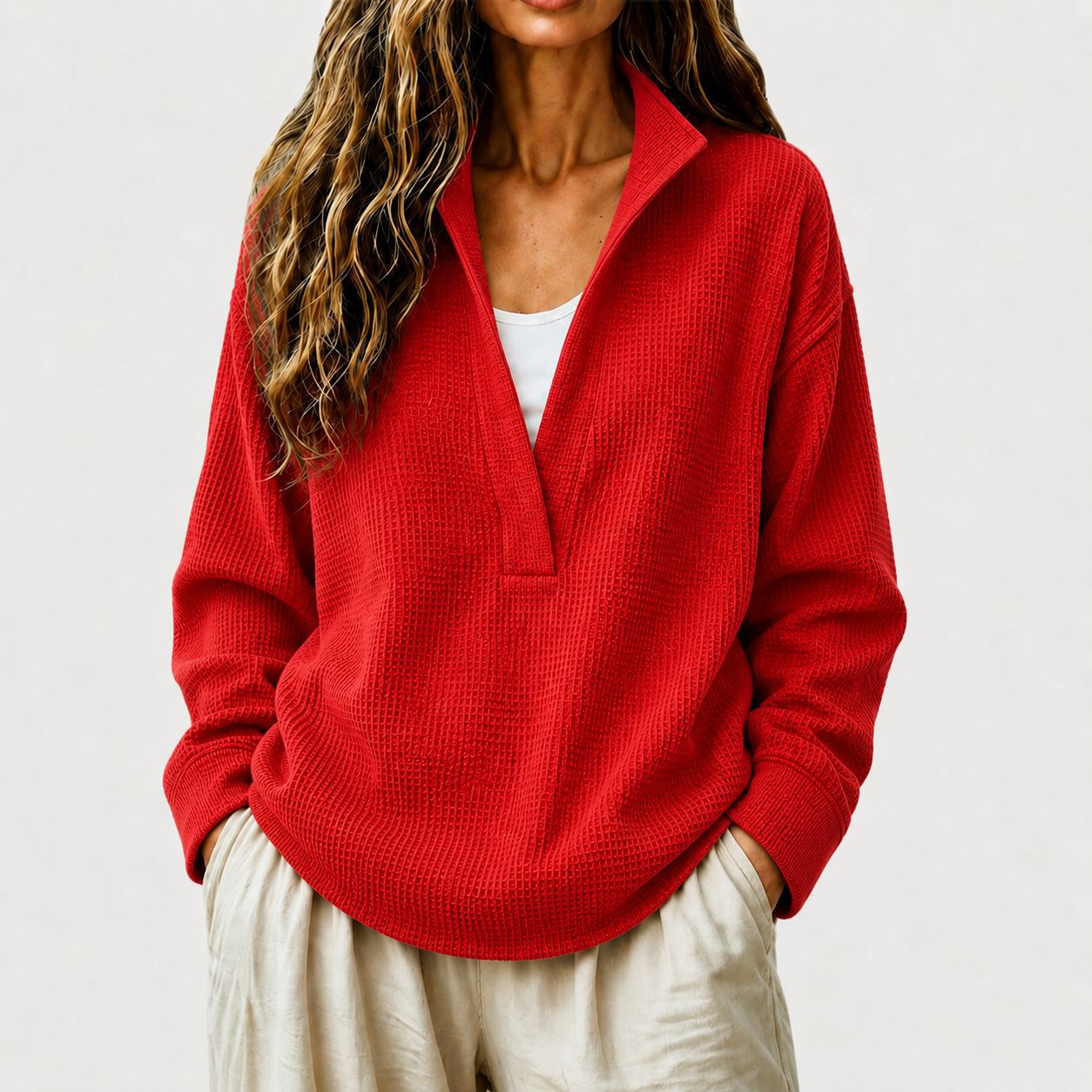 Women's Casual Waffle Knit Long Sleeve V-Neck Pullover Top Loose Fit Sweatshirt