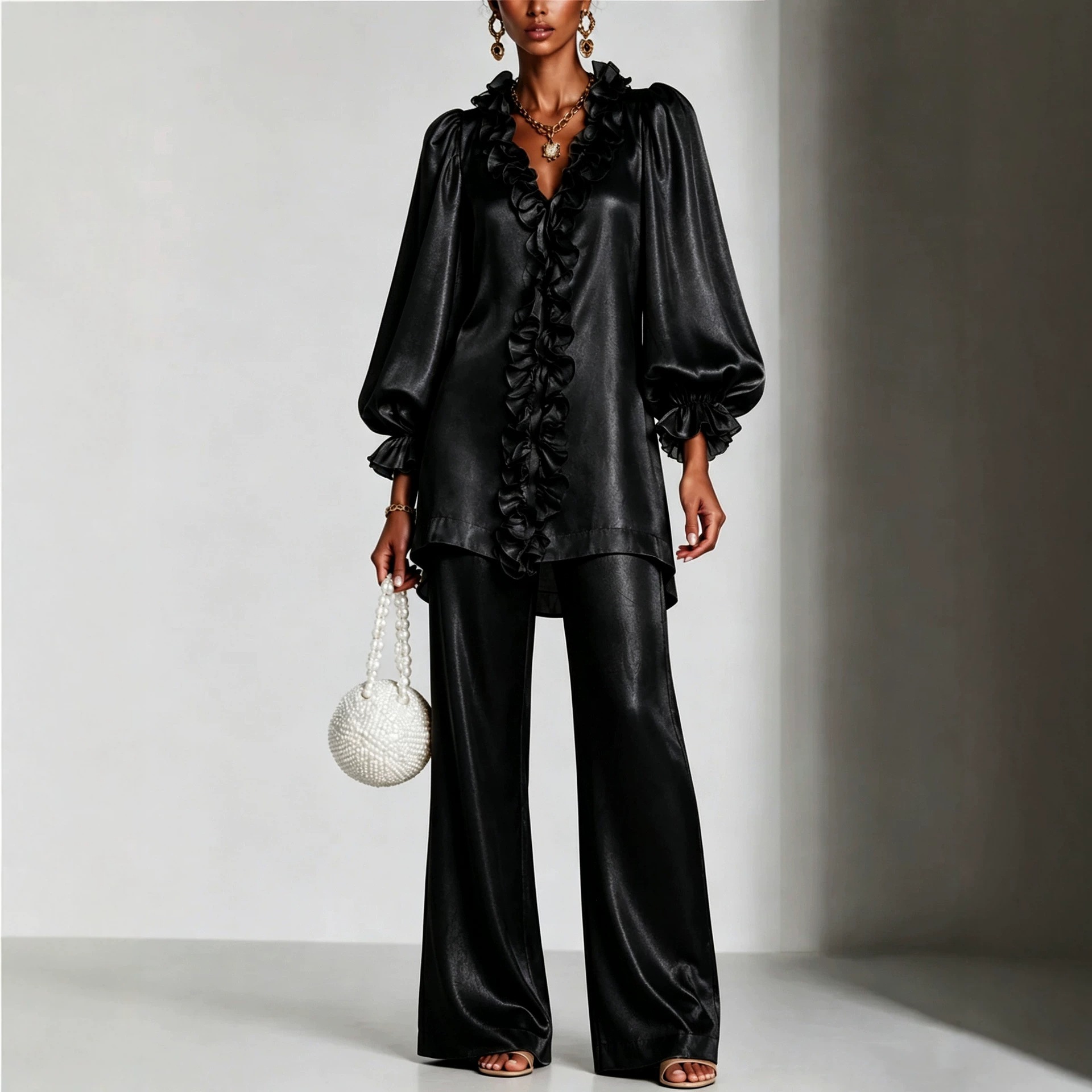 Elegant Satin Ruffle Two-Piece Set – V-Neck Long Sleeve Tunic Top & Wide Leg Pants