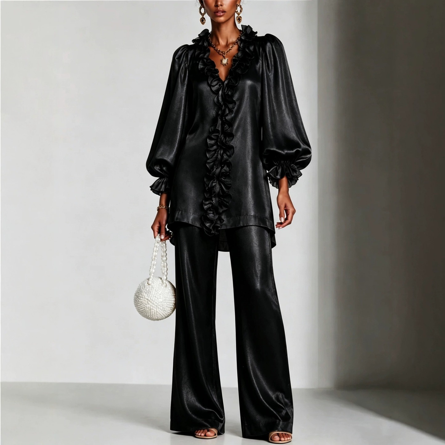 Elegant Satin Ruffle Two-Piece Set – V-Neck Long Sleeve Tunic Top & Wide Leg Pants