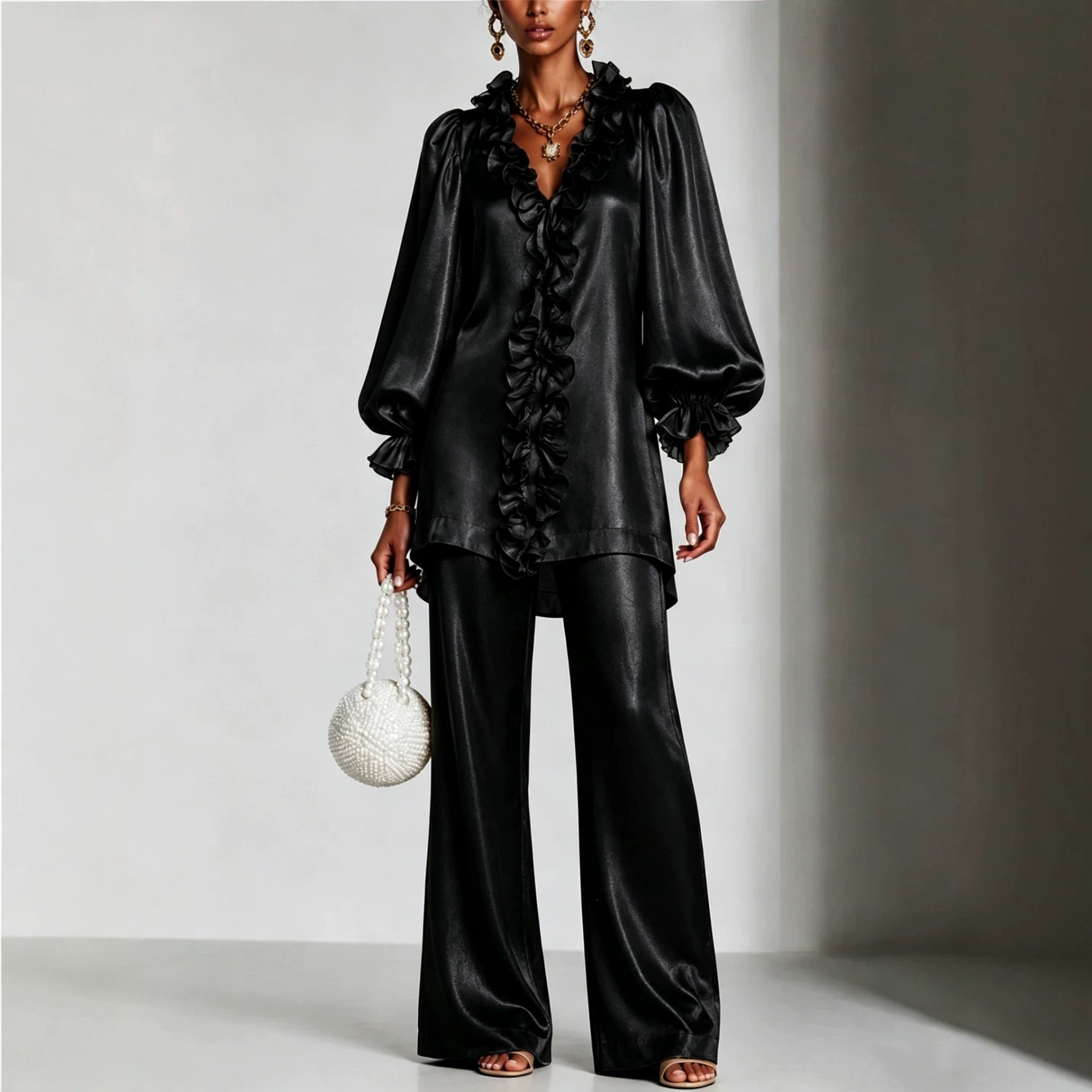 Elegant Satin Ruffle Two-Piece Set – V-Neck Long Sleeve Tunic Top & Wide Leg Pants