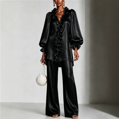 Elegant Satin Ruffle Two-Piece Set – V-Neck Long Sleeve Tunic Top & Wide Leg Pants