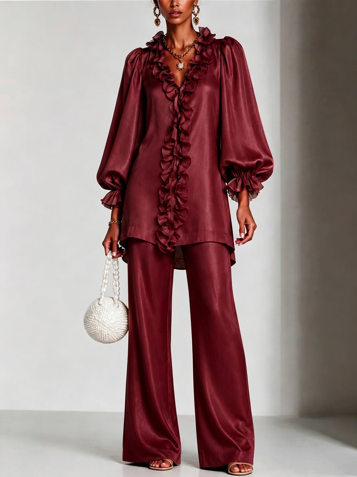 Elegant Satin Ruffle Two-Piece Set – V-Neck Long Sleeve Tunic Top & Wide Leg Pants