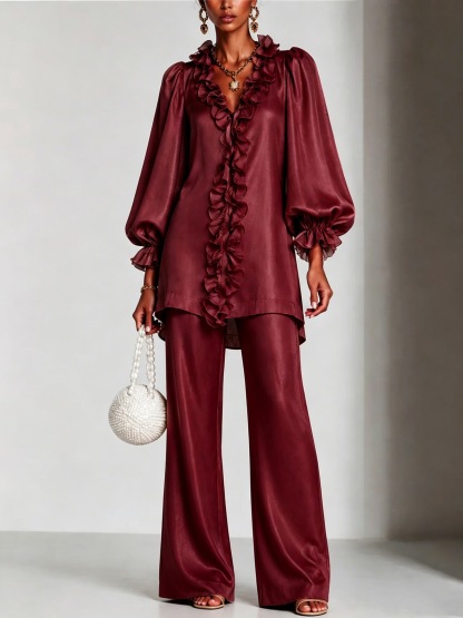 Elegant Satin Ruffle Two-Piece Set – V-Neck Long Sleeve Tunic Top & Wide Leg Pants