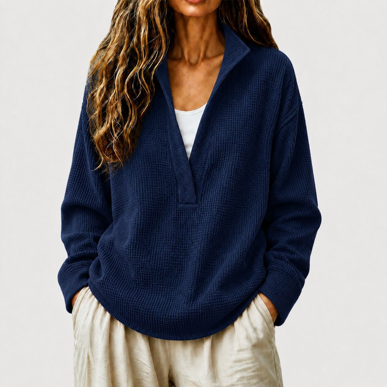 Women's Casual Waffle Knit Long Sleeve V-Neck Pullover Top Loose Fit Sweatshirt