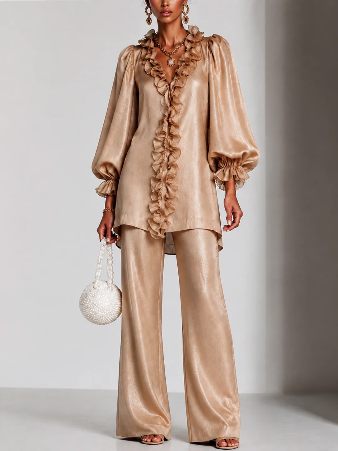 Elegant Satin Ruffle Two-Piece Set – V-Neck Long Sleeve Tunic Top & Wide Leg Pants
