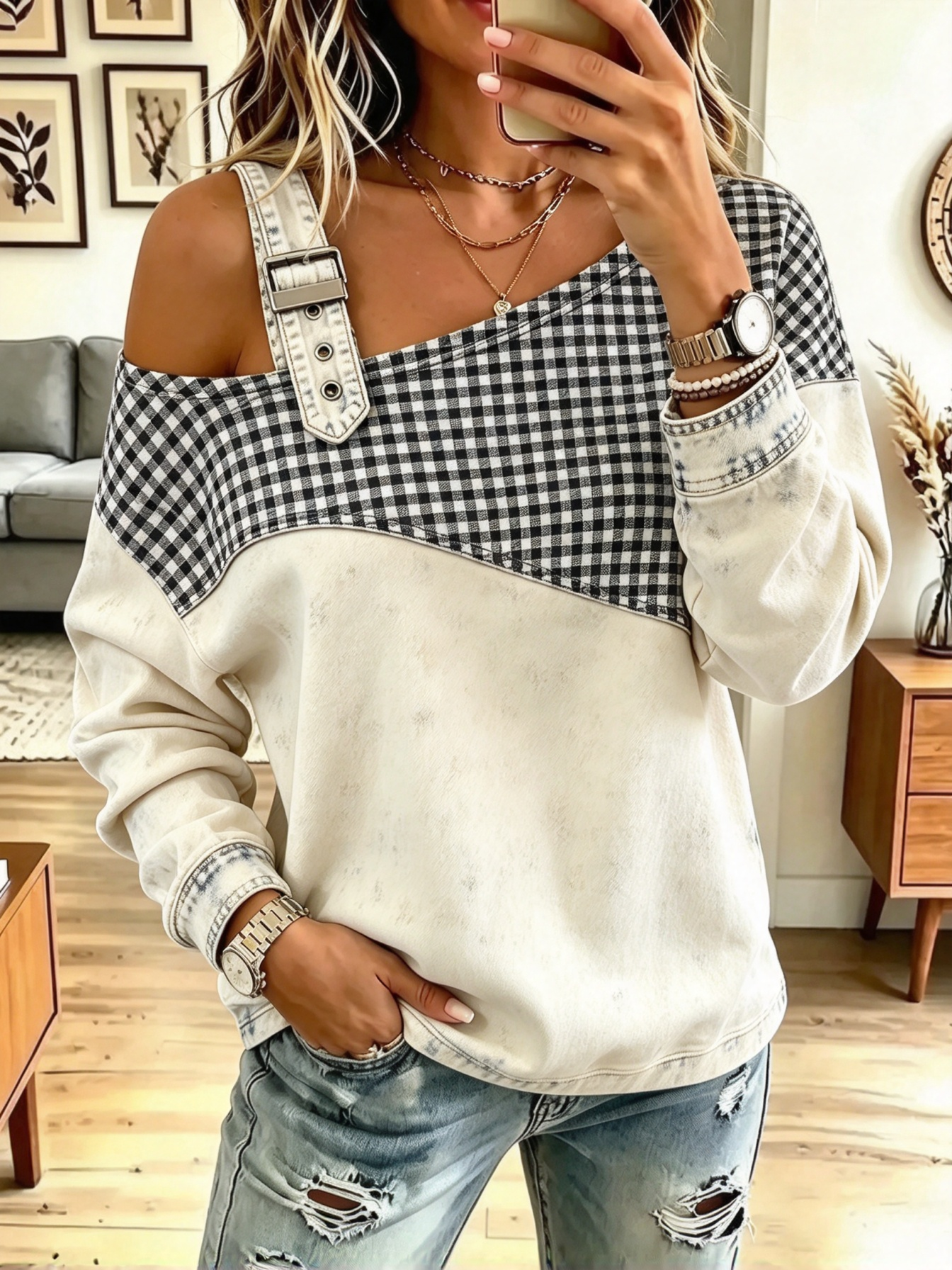 Vintage Plaid Pattern Denim Patchwork Art Casual Stylish Long Sleeve Top