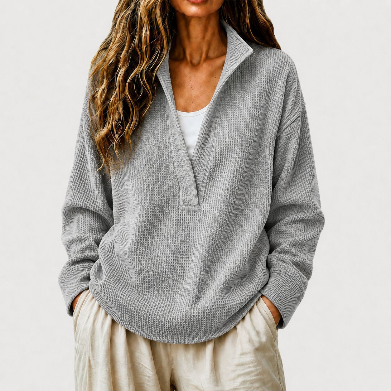 Women's Casual Waffle Knit Long Sleeve V-Neck Pullover Top Loose Fit Sweatshirt