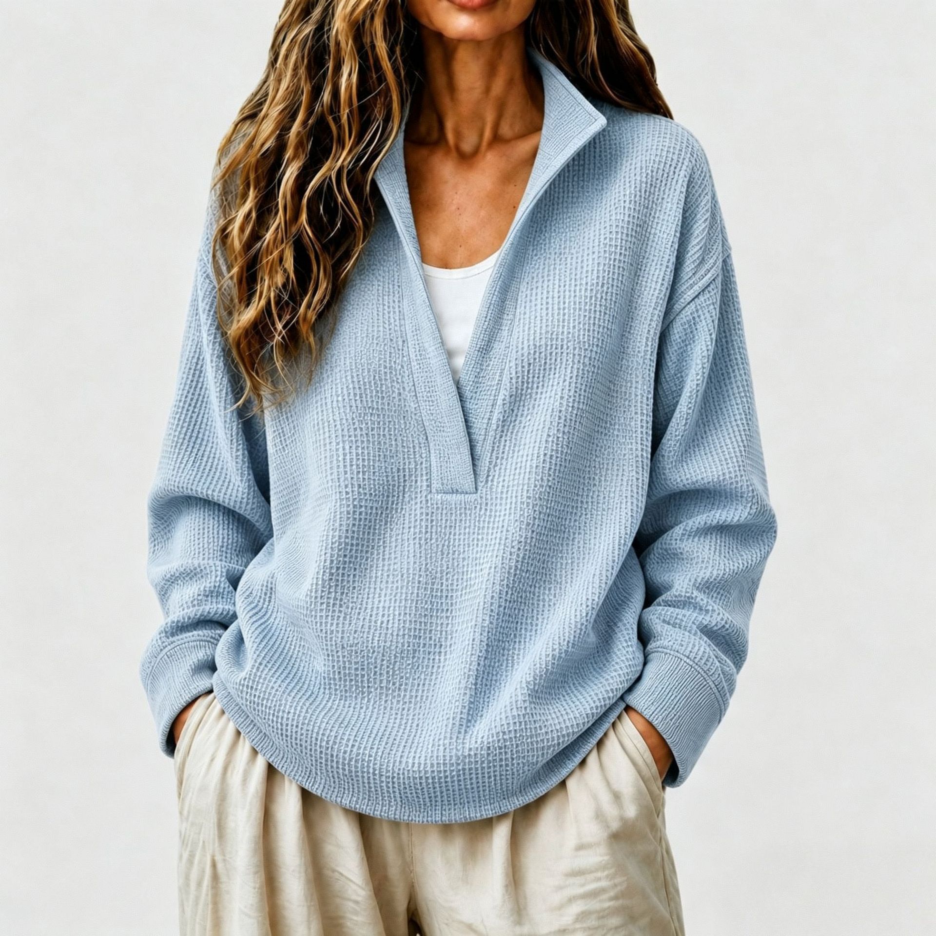 Women's Casual Waffle Knit Long Sleeve V-Neck Pullover Top Loose Fit Sweatshirt