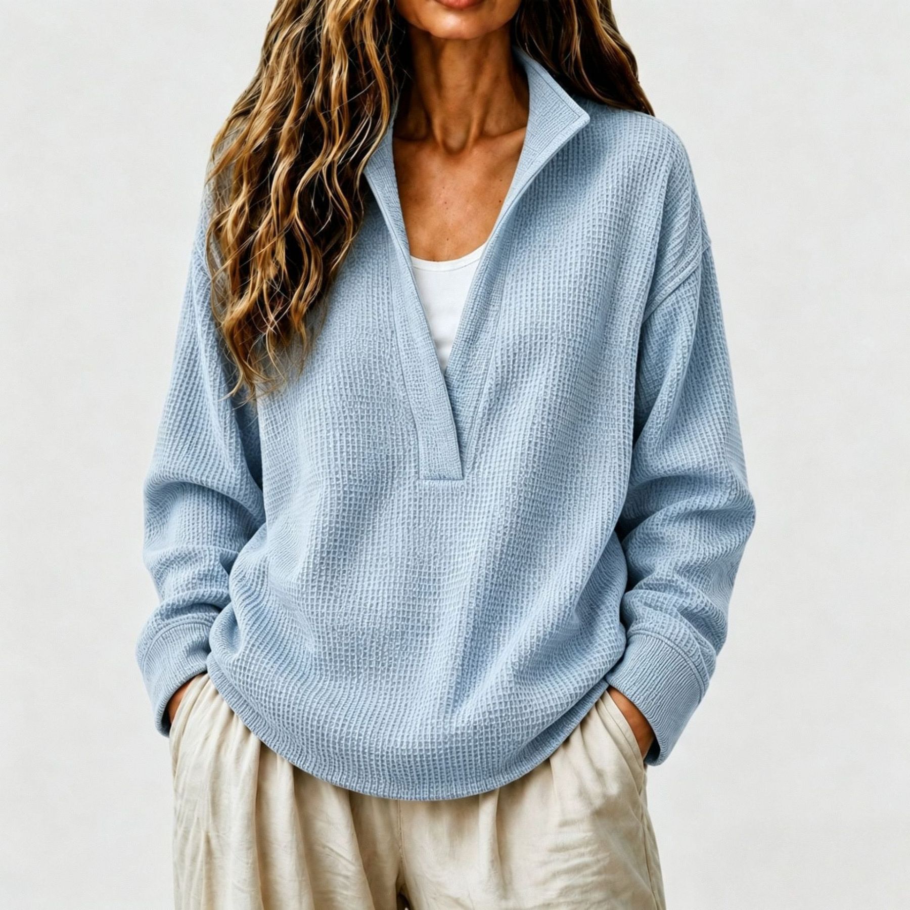 Women's Casual Waffle Knit Long Sleeve V-Neck Pullover Top Loose Fit Sweatshirt