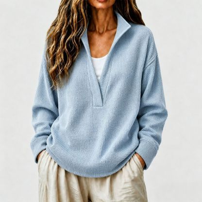 Women's Casual Waffle Knit Long Sleeve V-Neck Pullover Top Loose Fit Sweatshirt