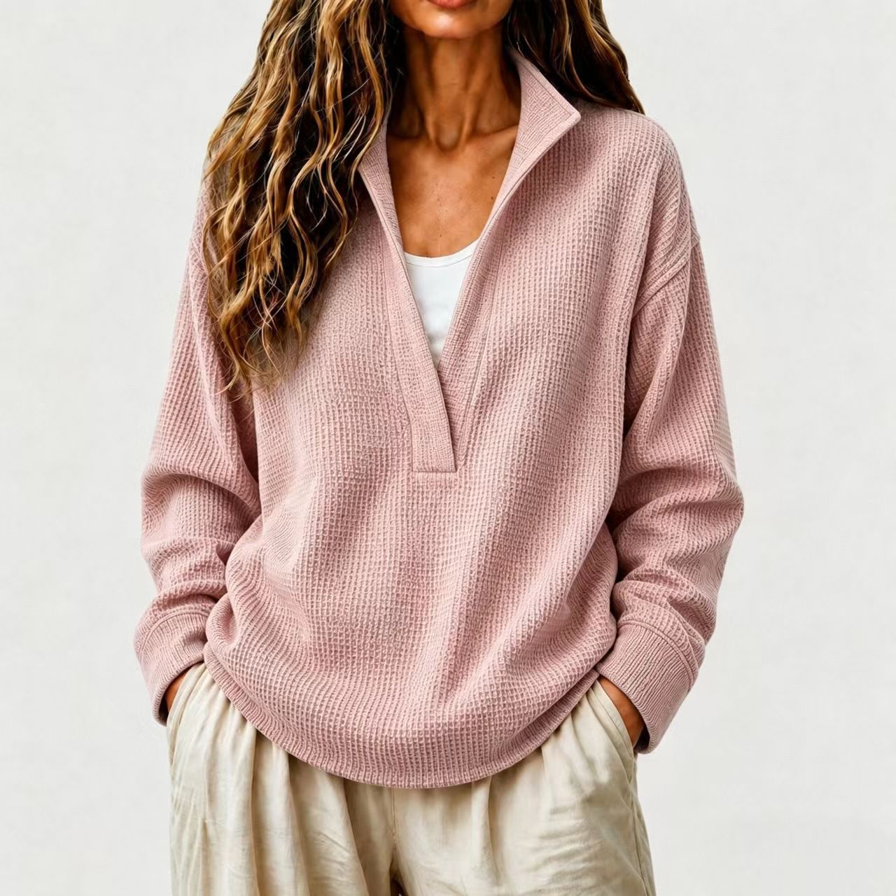 Women's Casual Waffle Knit Long Sleeve V-Neck Pullover Top Loose Fit Sweatshirt