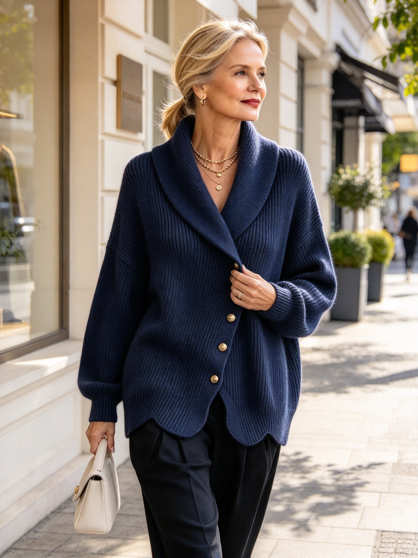 Women's Asymmetric Shawl Collar Knit Cardigan - Loose Gold Button Ribbed Sweater Jacket