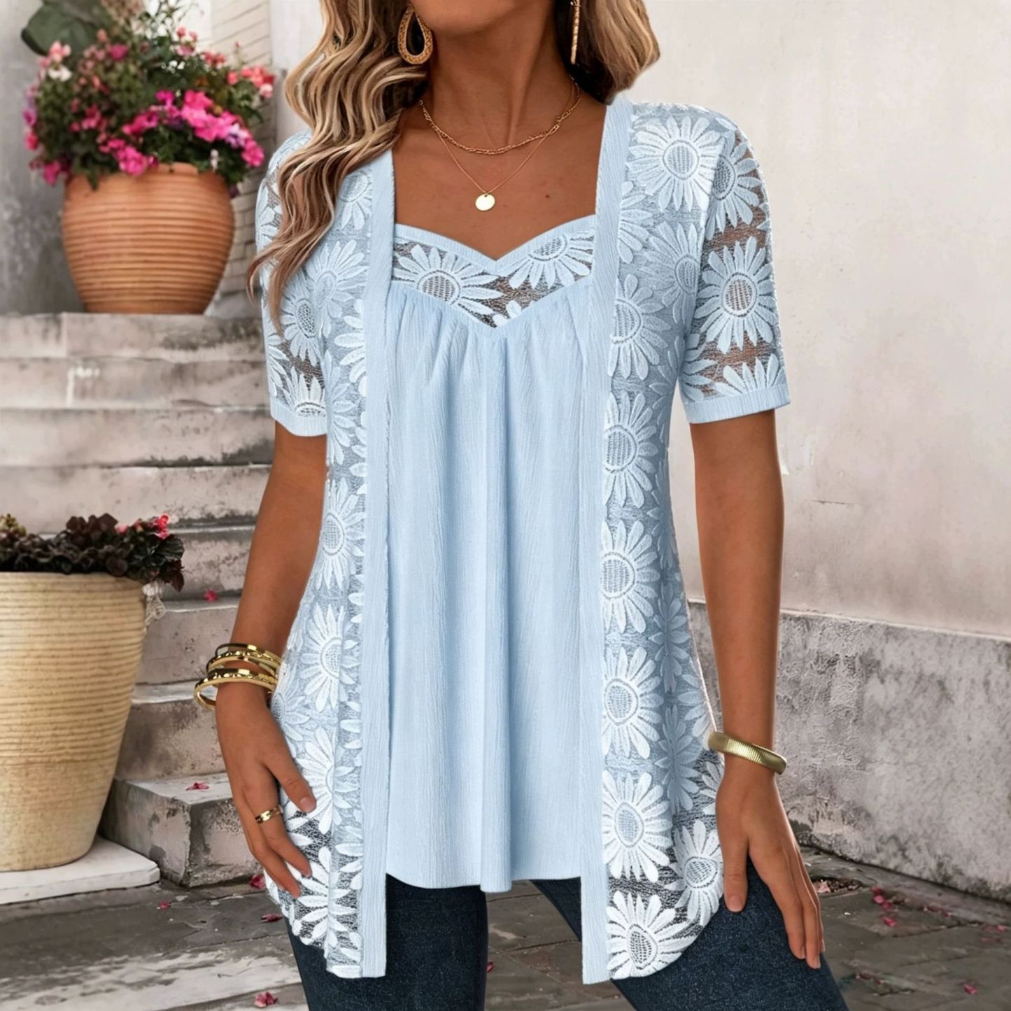 50% OFF🔥 Patterned Lace Mesh Hollow Faux Two Piece Top Elegant Short Sleeve Tunic Blouse